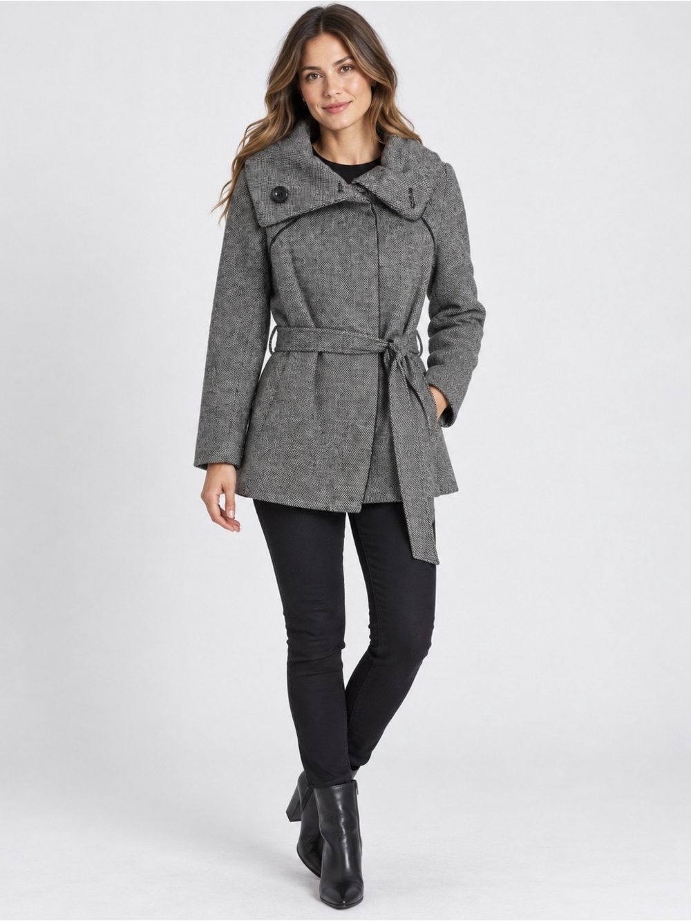 Grey Belted Trench Coat with Wide Collar